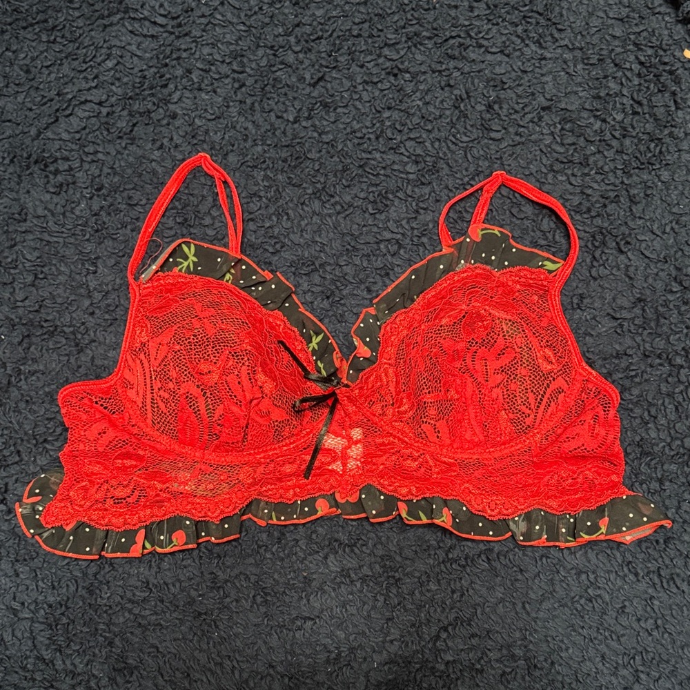 Ravewear Red Lace Bralette Black Trim Bow Goth Festival Lingerie One Size